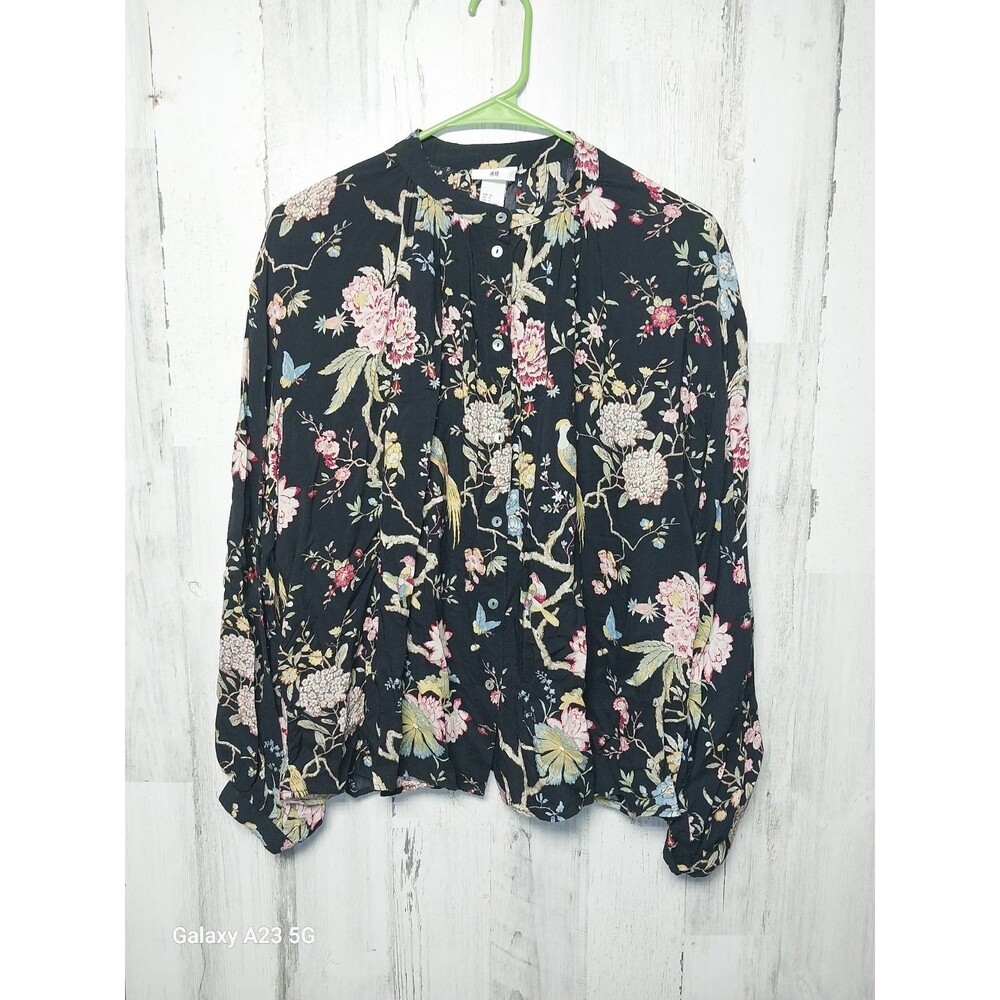H&M By GP & J Baker Black floral bird print Tunic Shift Size 4 Button Down